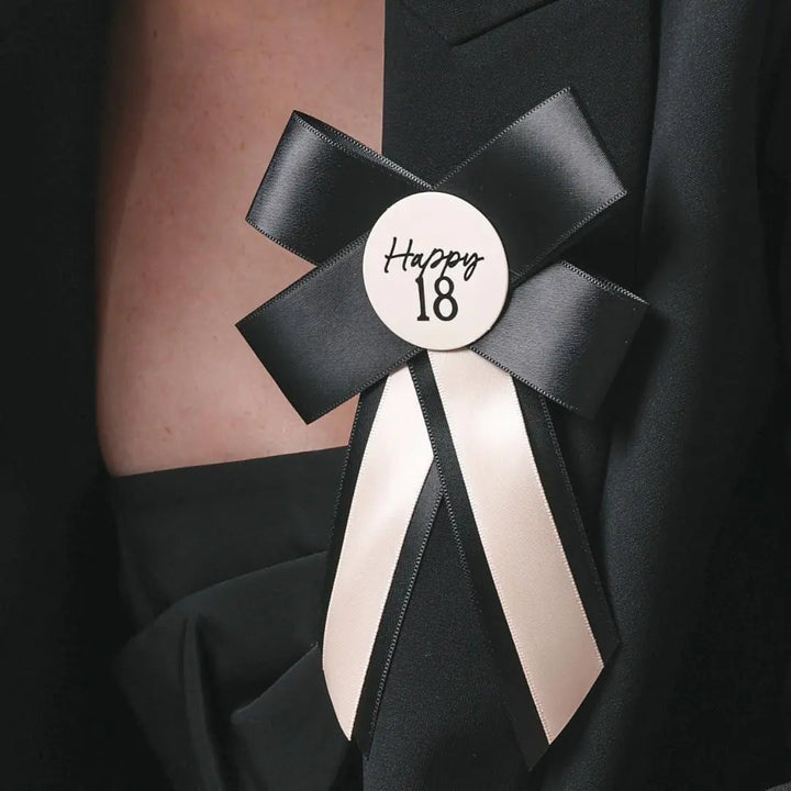Happy 18 Birthday Rosette - Black & Cream Luxury Ribbon Badge - Modern Birthday Badge Alternative - 18th Birthday Accessory - Jolie Fete UK