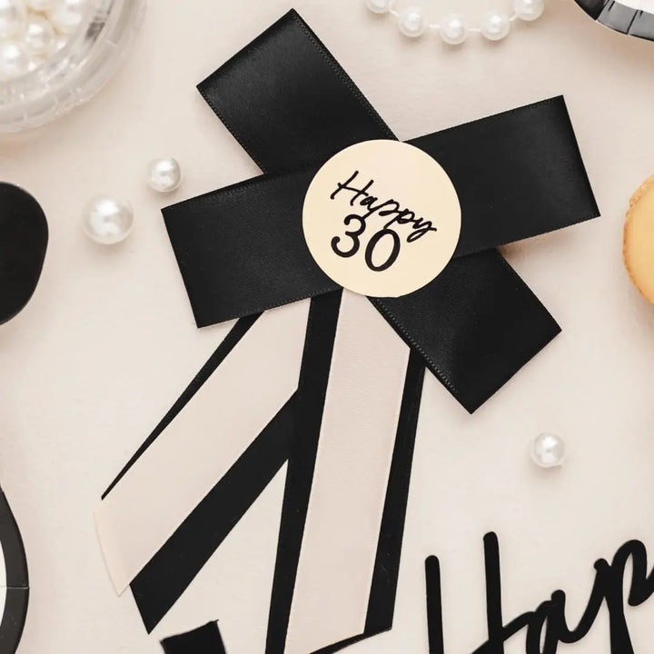 Happy 30 Birthday Rosette - Black & Cream Luxury Ribbon Badge - Modern Birthday Badge Alternative - 30th Birthday Accessory - Jolie Fete UK