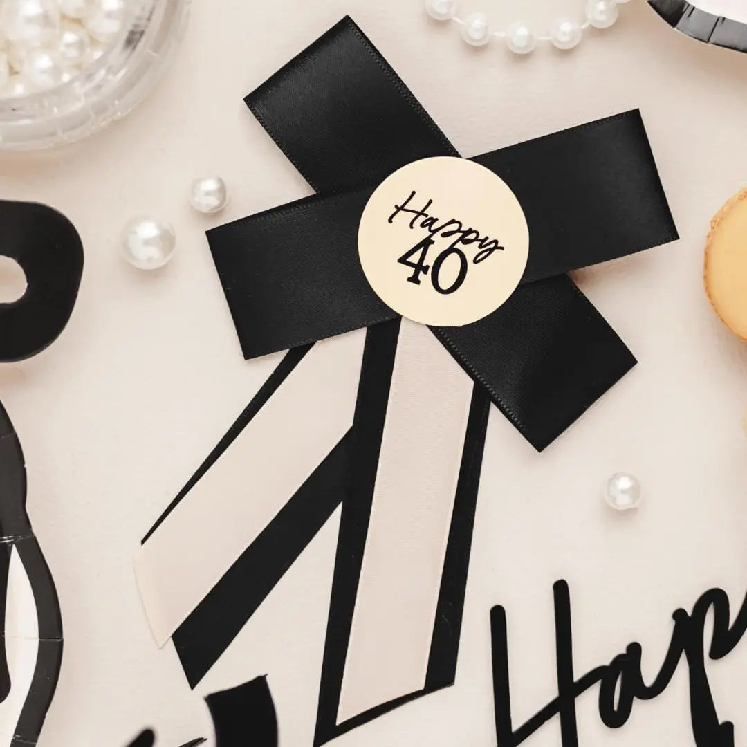 Happy 40 Birthday Rosette - Black & Cream Luxury Ribbon Badge - Modern Birthday Badge Alternative - 40th Birthday Accessory - Jolie Fete UK