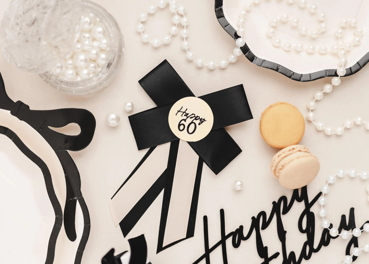 Happy 60 Birthday Rosette - Black & Cream Luxury Ribbon Badge - Modern Birthday Badge Alternative - 60th Birthday Accessory - Jolie Fete UK