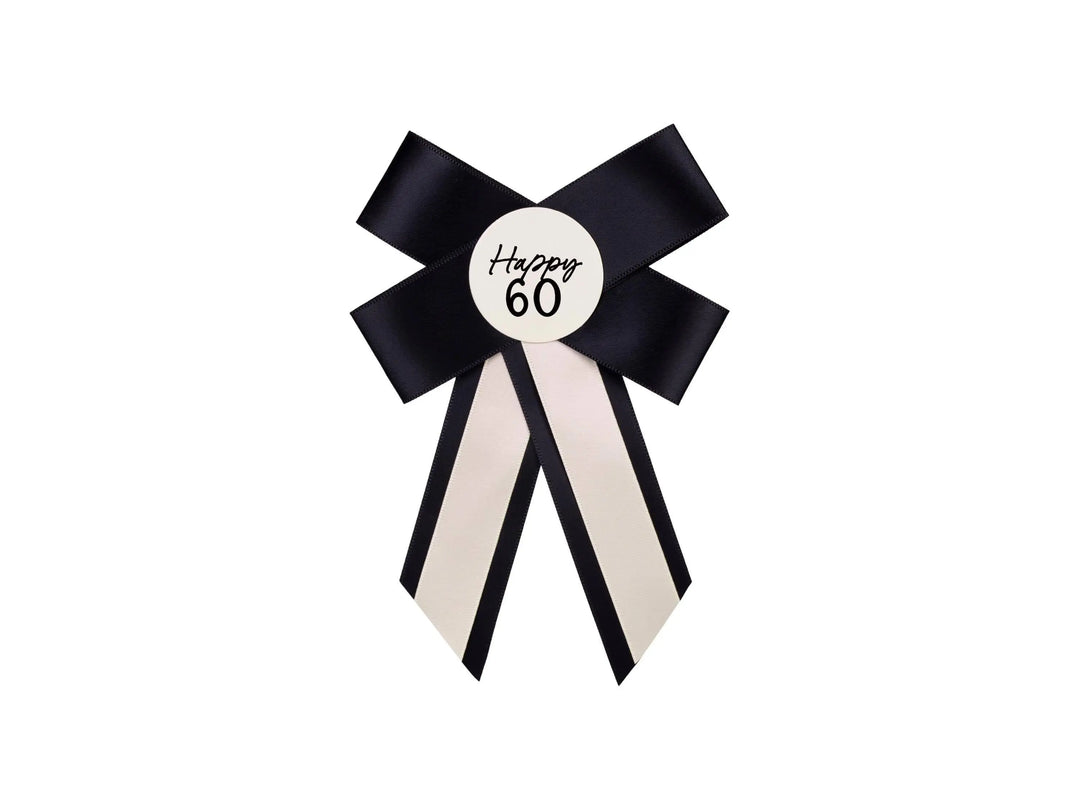 Happy 60 Birthday Rosette - Black & Cream Luxury Ribbon Badge - Modern Birthday Badge Alternative - 60th Birthday Accessory - Jolie Fete UK