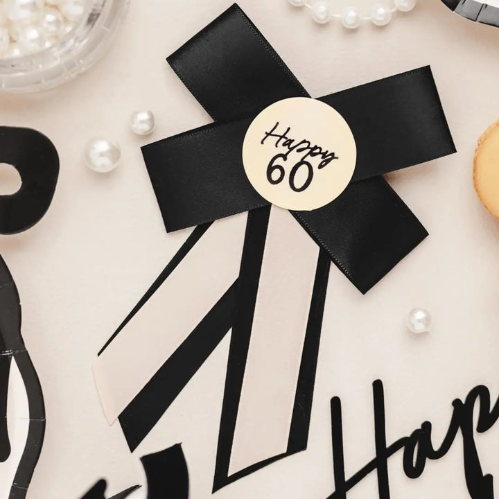 Happy 60 Birthday Rosette - Black & Cream Luxury Ribbon Badge - Modern Birthday Badge Alternative - 60th Birthday Accessory - Jolie Fete UK