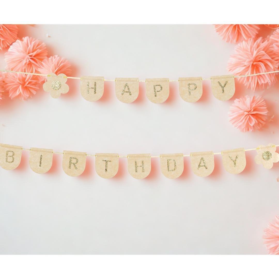 Happy Birthday Banner - Beige & Gold Felt Party Garland - Daisy Party Bunting - Birthday Party Decorations - High Quality Reusable Decor -3m - Jolie Fete UK