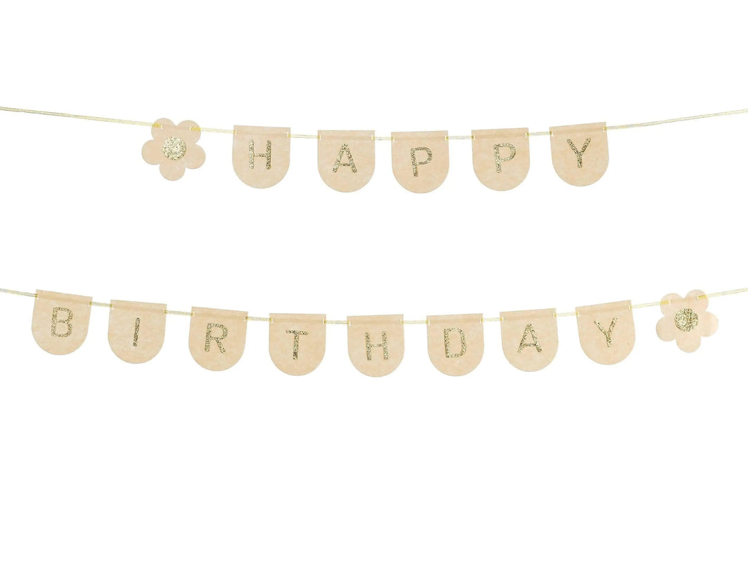 Happy Birthday Banner - Beige & Gold Felt Party Garland - Daisy Party Bunting - Birthday Party Decorations - High Quality Reusable Decor -3m - Jolie Fete UK
