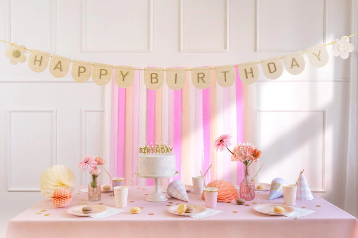 Happy Birthday Banner - Beige & Gold Felt Party Garland - Daisy Party Bunting - Birthday Party Decorations - High Quality Reusable Decor -3m - Jolie Fete UK