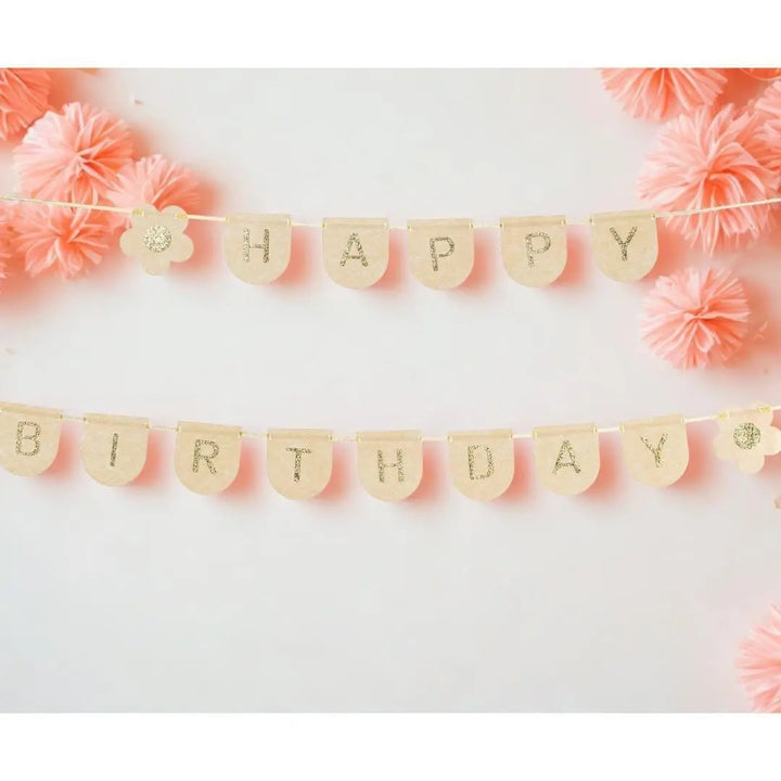 Happy Birthday Banner - Beige & Gold Felt Party Garland - Daisy Party Bunting - Birthday Party Decorations - High Quality Reusable Decor -3m - Jolie Fete UK