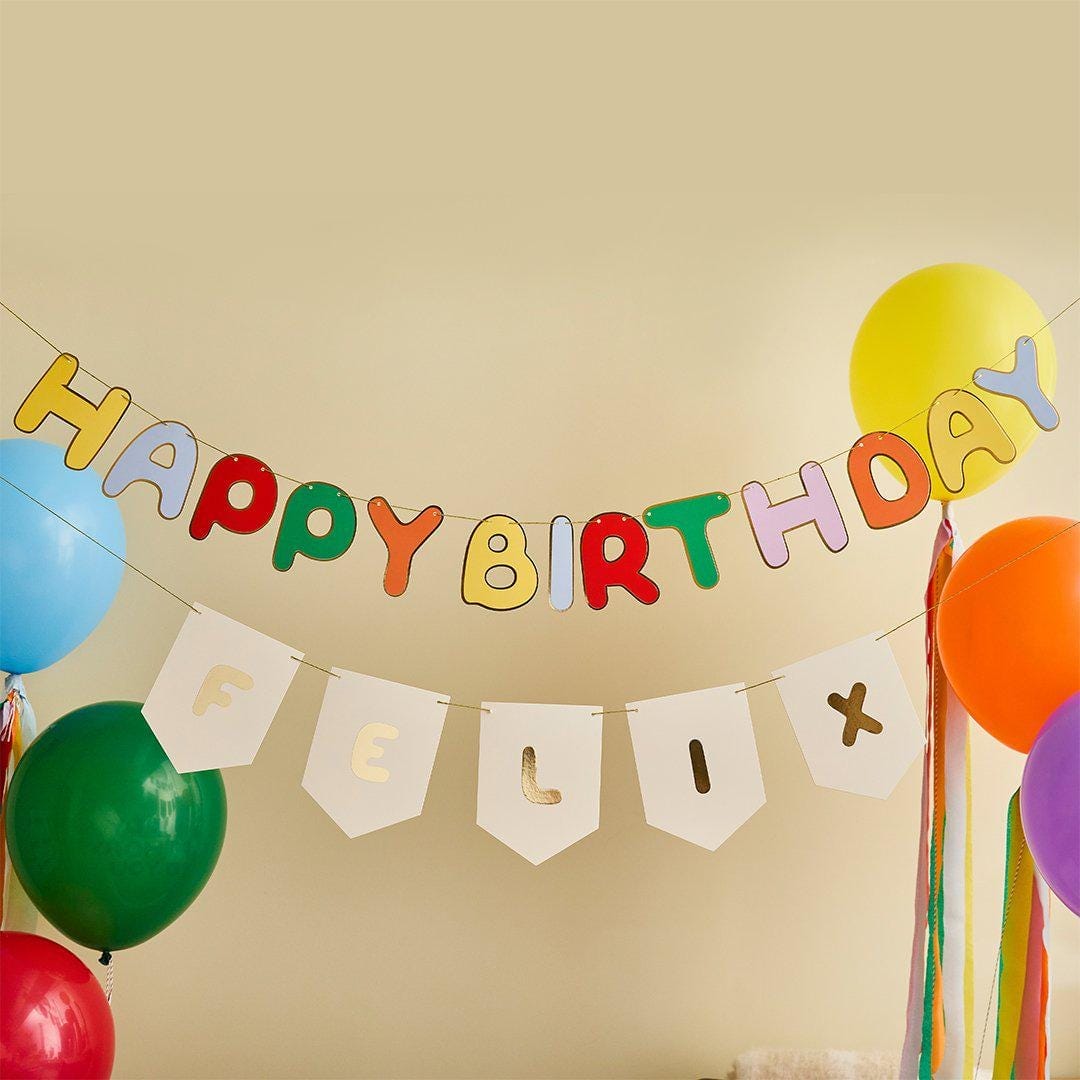 Happy Birthday Banner - Customisable Rainbow Name Bunting - Gold Foil Party Decor - Kids Birthday Garland - Personalised Party Backdrop Sign - Jolie Fete UK