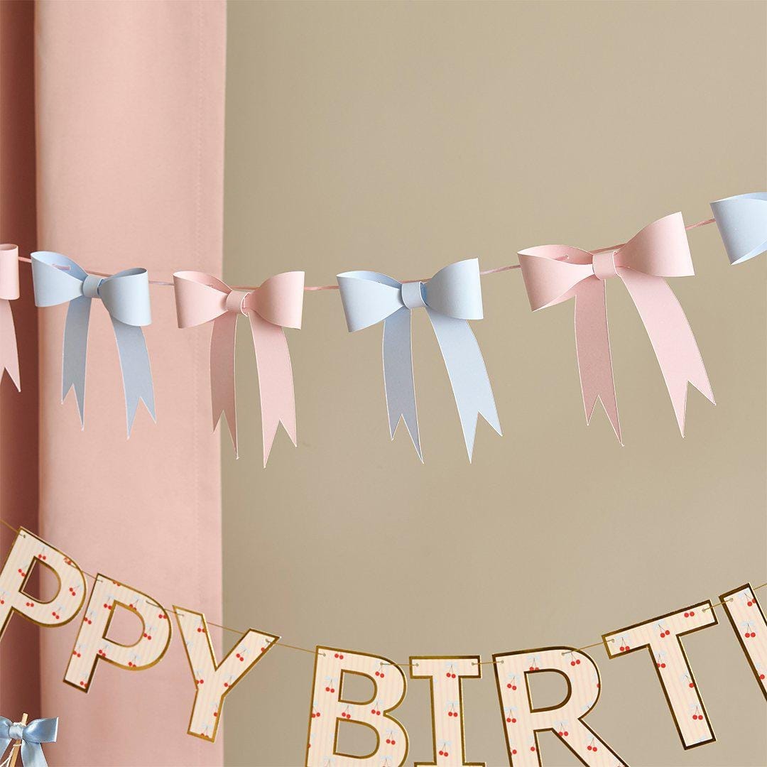 Happy Birthday Banner - Vintage Cherry Party Decorations - Pink Striped Garland - Coquette Bunting - 2.5m Card Banner - Gold Outline Letters - Jolie Fete UK