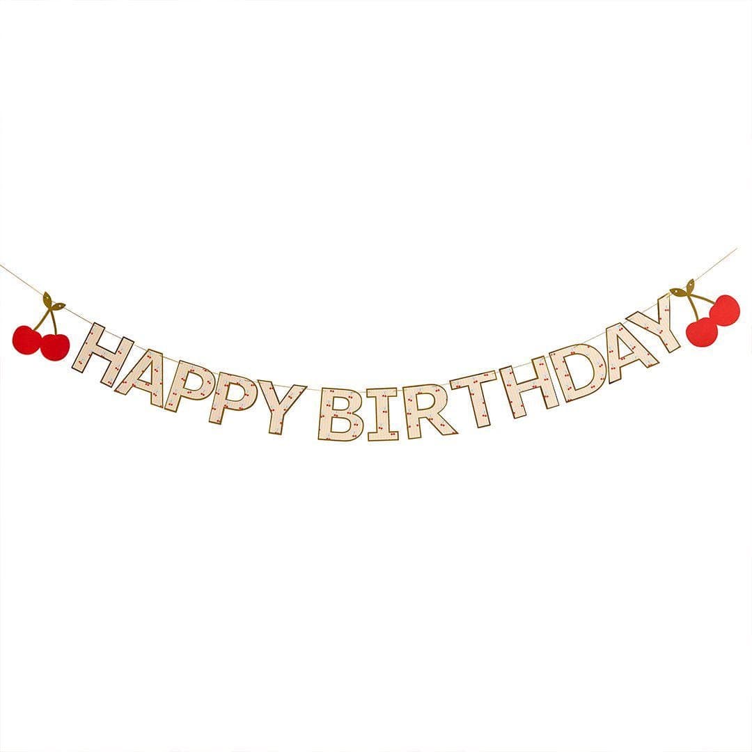 Happy Birthday Banner - Vintage Cherry Party Decorations - Pink Striped Garland - Coquette Bunting - 2.5m Card Banner - Gold Outline Letters - Jolie Fete UK