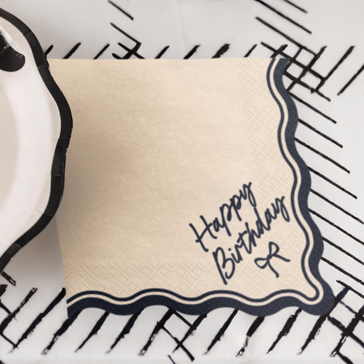 Happy Birthday Bow Paper Napkins | Cream & Black Bows Collection | Pack of 12 Party Deco