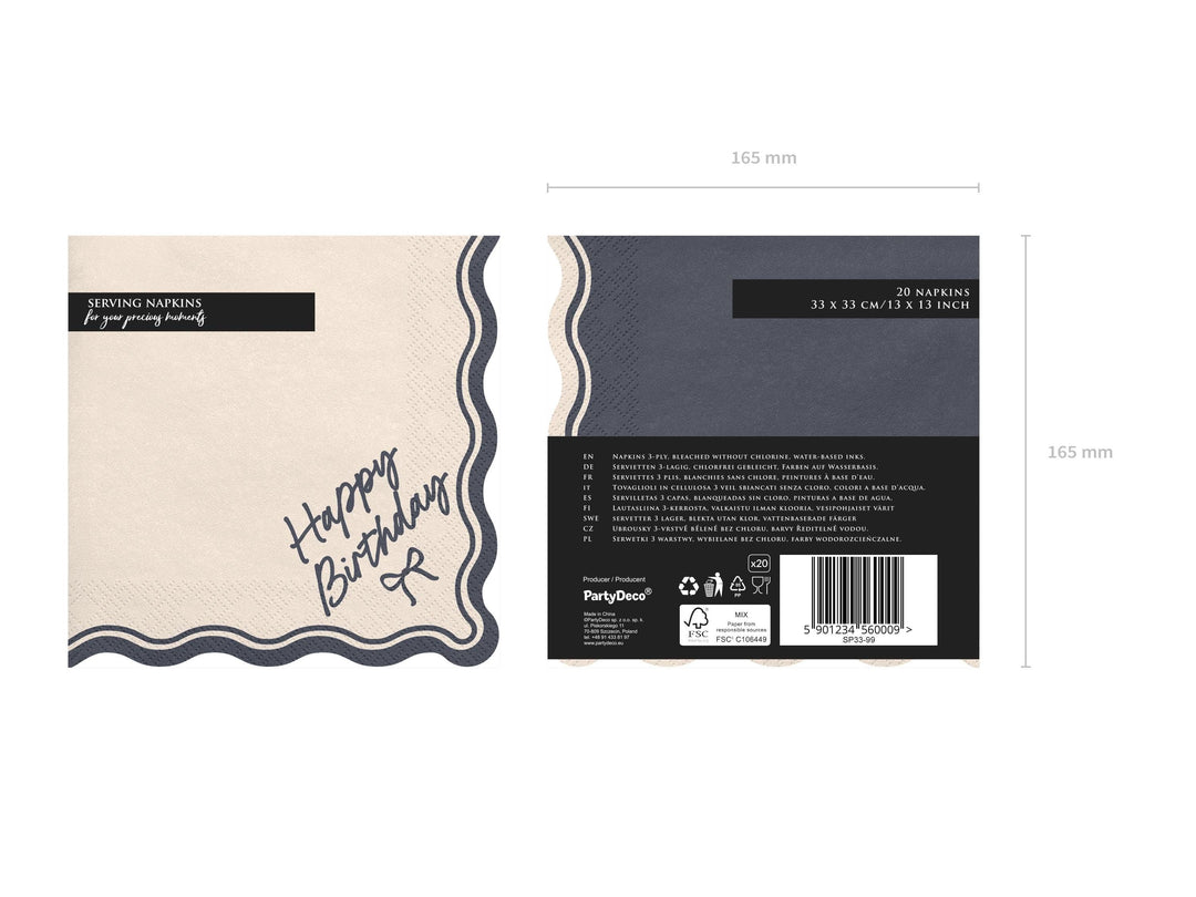 Happy Birthday Bow Napkins - Beige and Black Party Decor - Elegant Coquette Birthday - Neutral Tableware - Scallop Collection - Pack of 12 - Jolie Fete UK