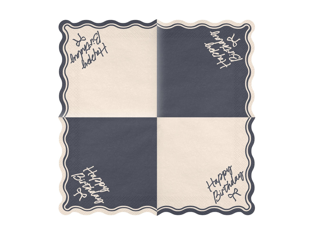 Happy Birthday Bow Napkins - Beige and Black Party Decor - Elegant Coquette Birthday - Neutral Tableware - Scallop Collection - Pack of 12 - Jolie Fete UK