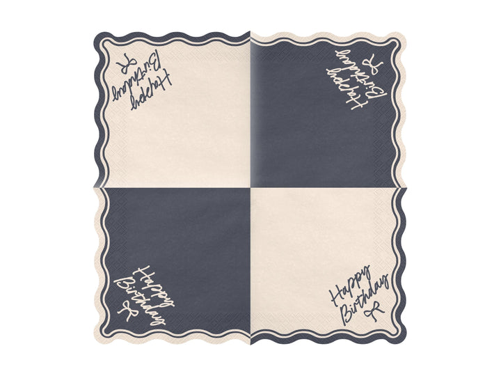 Happy Birthday Bow Napkins - Beige and Black Party Decor - Elegant Coquette Birthday - Neutral Tableware - Scallop Collection - Pack of 12 - Jolie Fete UK