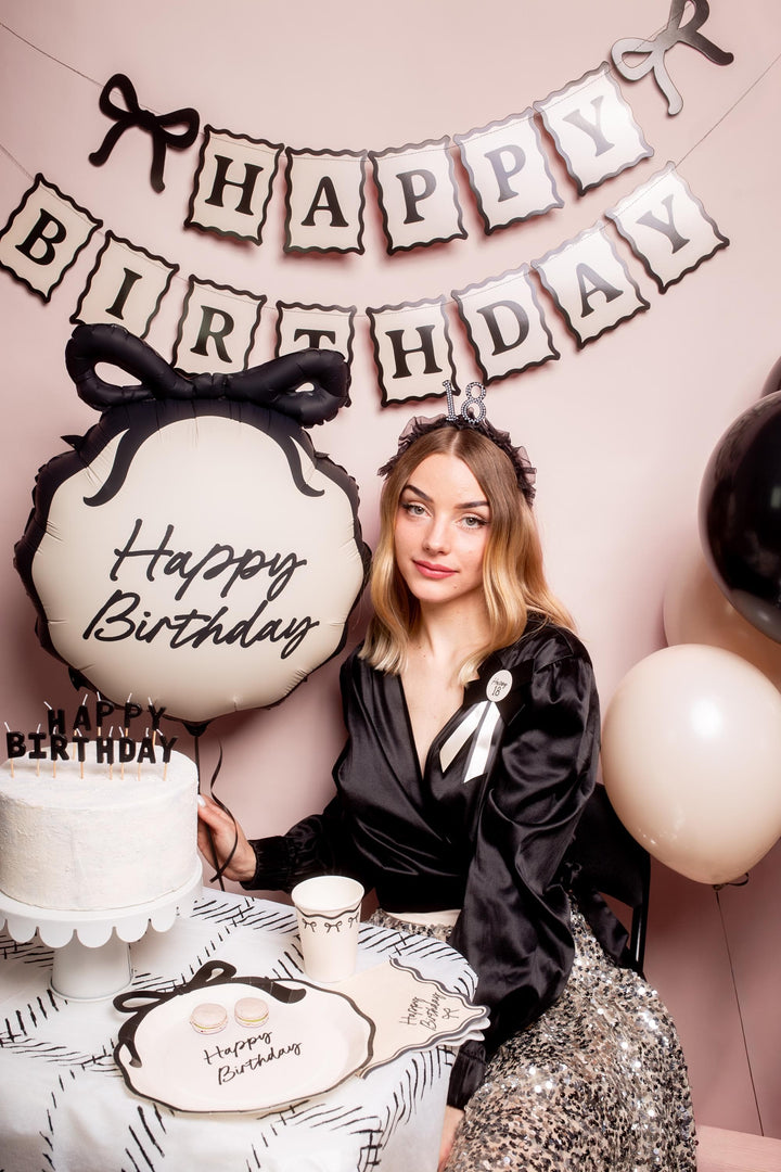 Happy Birthday Bow Napkins - Beige and Black Party Decor - Elegant Coquette Birthday - Neutral Tableware - Scallop Collection - Pack of 12 - Jolie Fete UK