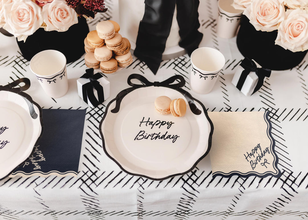 Happy Birthday Bow Napkins - Beige and Black Party Decor - Elegant Coquette Birthday - Neutral Tableware - Scallop Collection - Pack of 12 - Jolie Fete UK