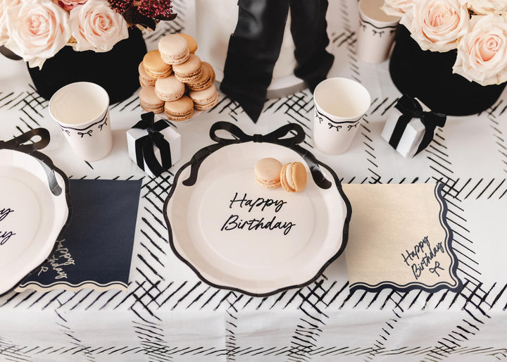 Happy Birthday Bow Napkins - Beige and Black Party Decor - Elegant Coquette Birthday - Neutral Tableware - Scallop Collection - Pack of 12 - Jolie Fete UK