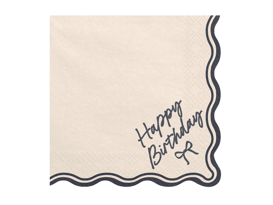 Happy Birthday Bow Napkins - Beige and Black Party Decor - Elegant Coquette Birthday - Neutral Tableware - Scallop Collection - Pack of 12 - Jolie Fete UK
