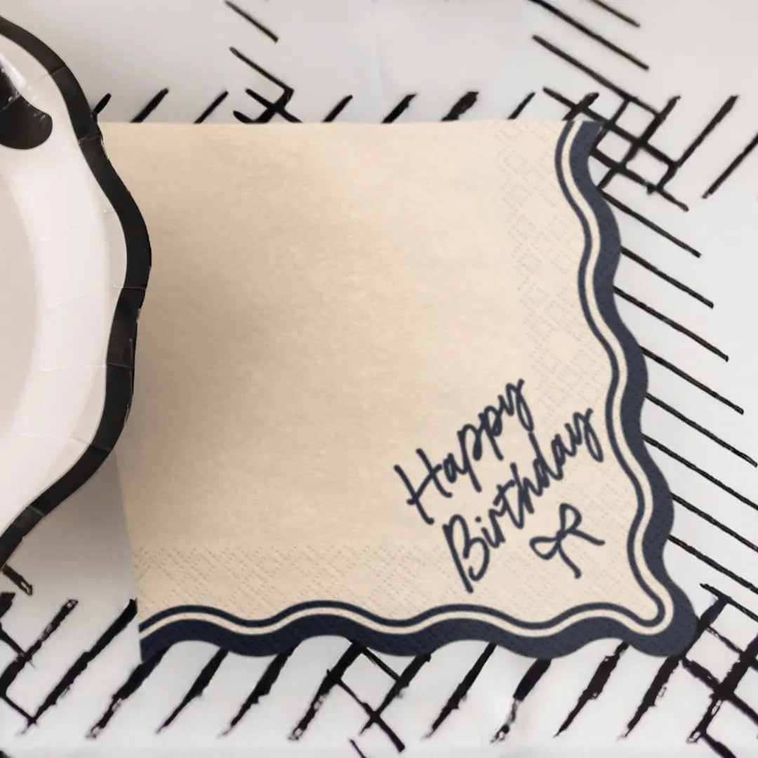 Happy Birthday Bow Paper Napkins | Cream & Black Bows Collection | Pack of 12 Party Deco