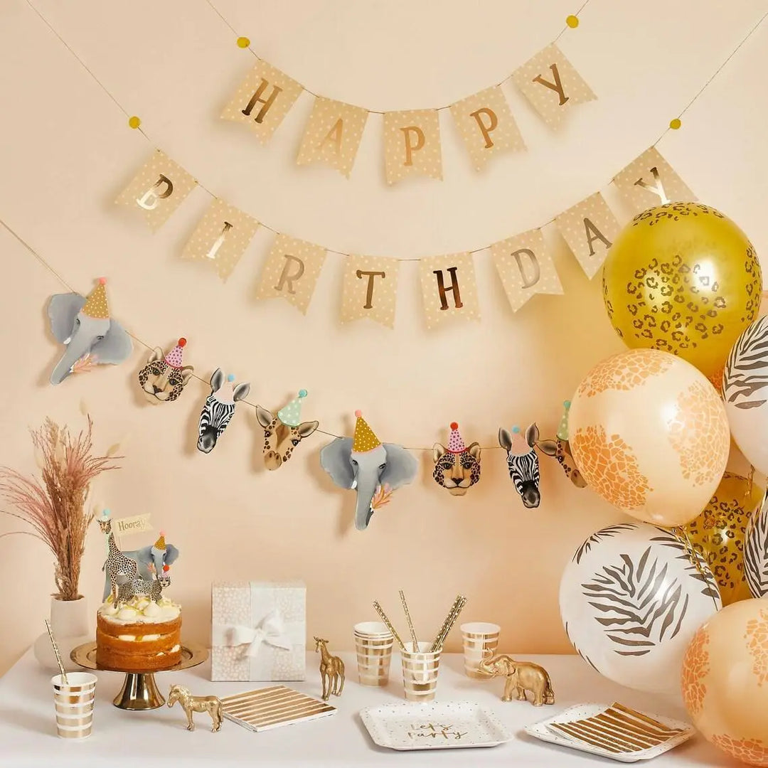 Happy Birthday Bunting - Gold, Cream & White Dot Pennant Flags - Neutral Birthday Party Decorations - Wild One Safari Animal Party - 2.5m - Jolie Fete UK
