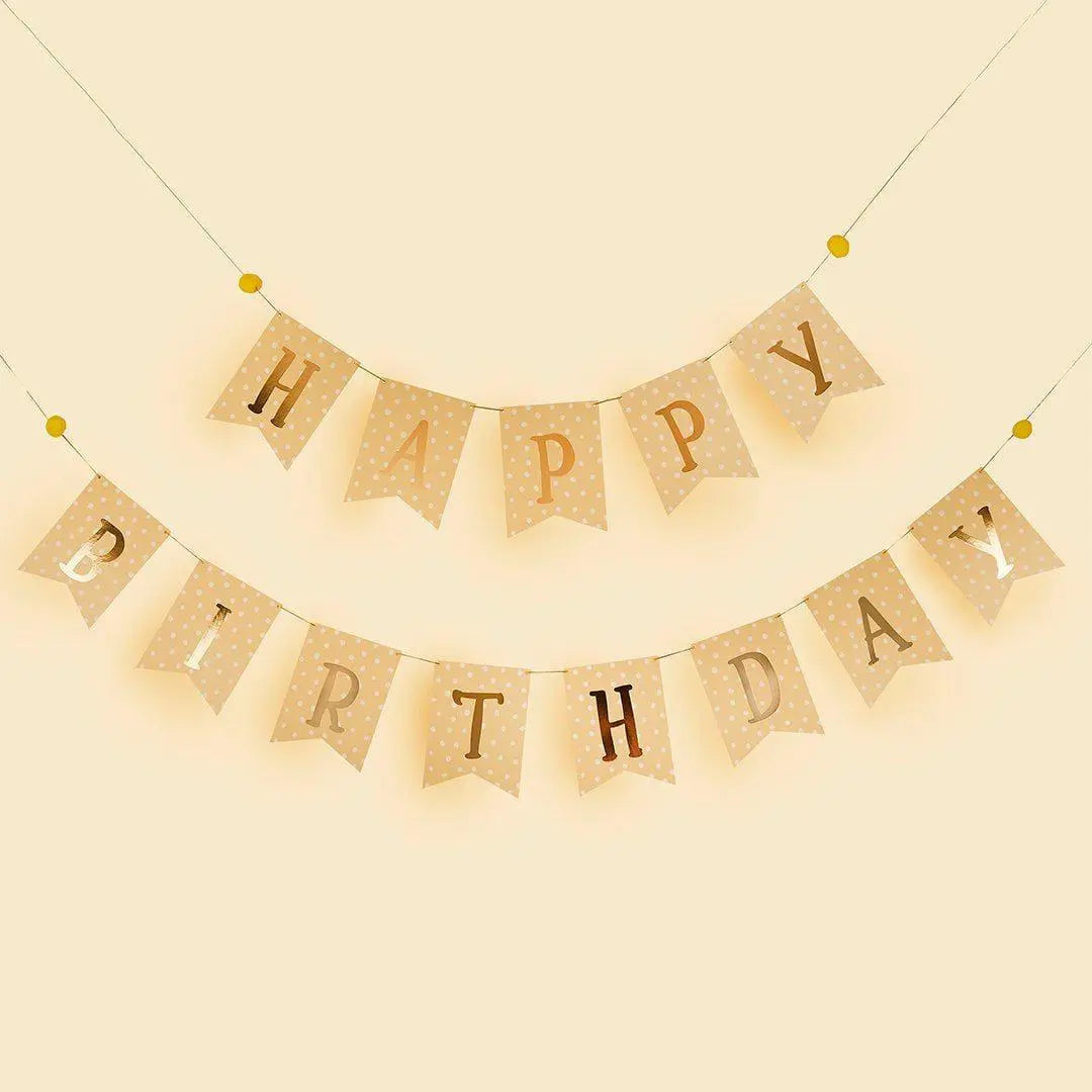 Happy Birthday Bunting - Gold, Cream & White Dot Pennant Flags - Neutral Birthday Party Decorations - Wild One Safari Animal Party - 2.5m - Jolie Fete UK