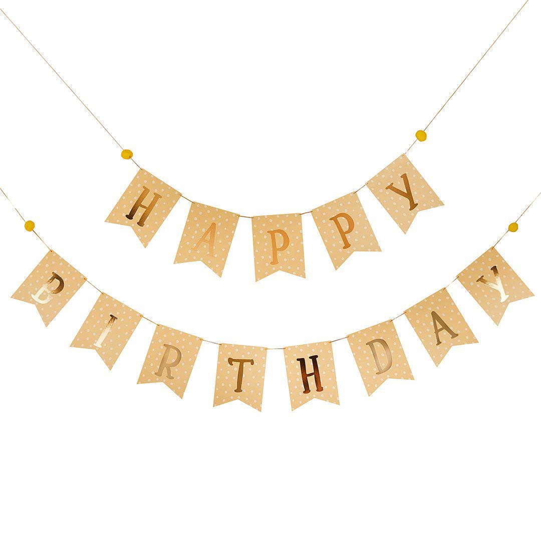 Happy Birthday Bunting - Gold, Cream & White Dot Pennant Flags - Neutral Birthday Party Decorations - Wild One Safari Animal Party - 2.5m - Jolie Fete UK