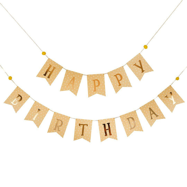Happy Birthday Bunting - Gold, Cream & White Dot Pennant Flags - Neutral Birthday Party Decorations - Wild One Safari Animal Party - 2.5m - Jolie Fete UK