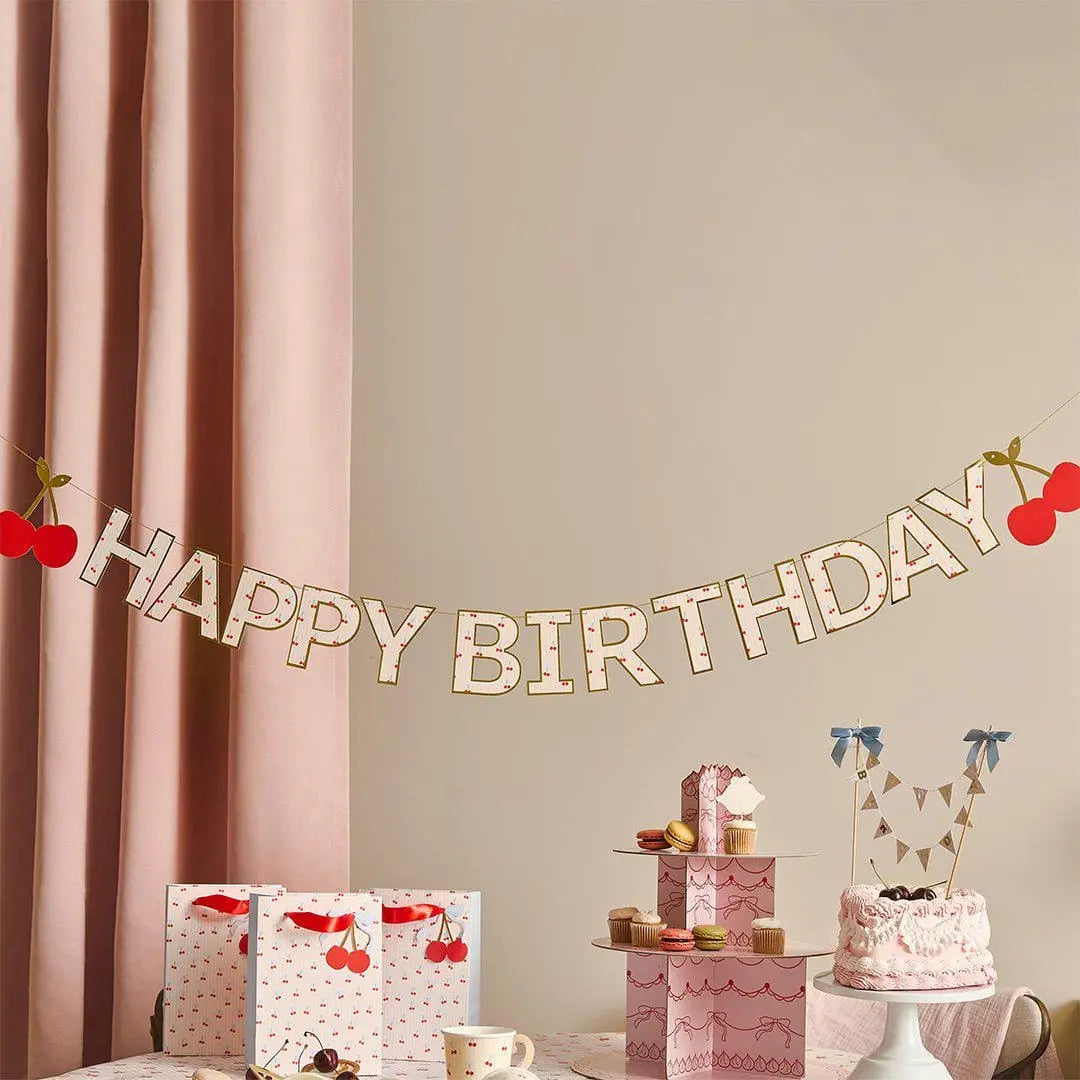 Cake Bunting Topper - Happy Birthday Banner Cake Topper - Vintage Pastel Pink & Blue Bow Garland - Gold Foil Lettering Flags-Rococo Cherries - Jolie Fete UK