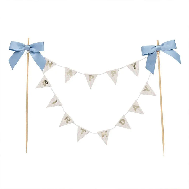 Cake Bunting Topper - Happy Birthday Banner Cake Topper - Vintage Pastel Pink & Blue Bow Garland - Gold Foil Lettering Flags-Rococo Cherries - Jolie Fete UK