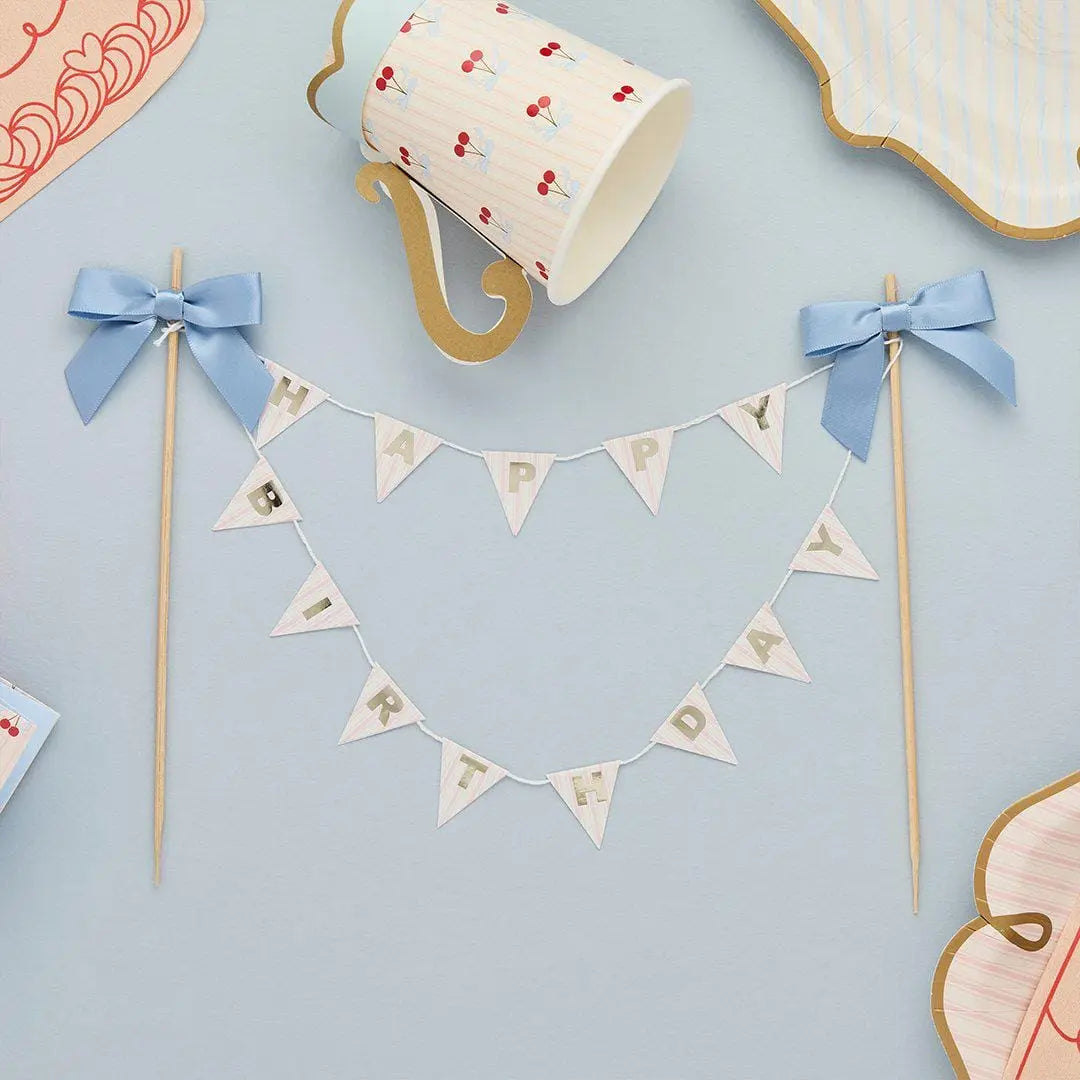 Cake Bunting Topper - Happy Birthday Banner Cake Topper - Vintage Pastel Pink & Blue Bow Garland - Gold Foil Lettering Flags-Rococo Cherries - Jolie Fete UK