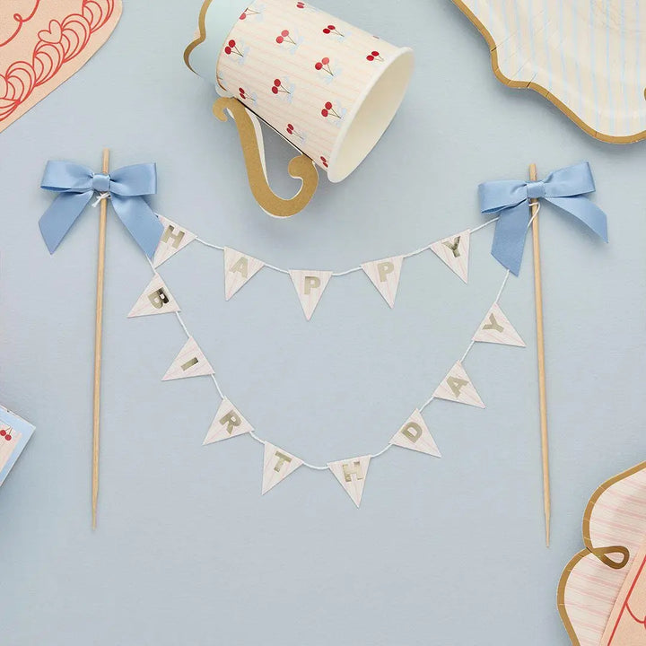 Cake Bunting Topper - Happy Birthday Banner Cake Topper - Vintage Pastel Pink & Blue Bow Garland - Gold Foil Lettering Flags-Rococo Cherries - Jolie Fete UK
