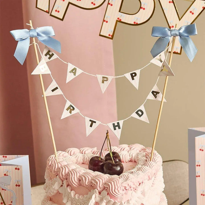 Cake Bunting Topper - Happy Birthday Banner Cake Topper - Vintage Pastel Pink & Blue Bow Garland - Gold Foil Lettering Flags-Rococo Cherries - Jolie Fete UK