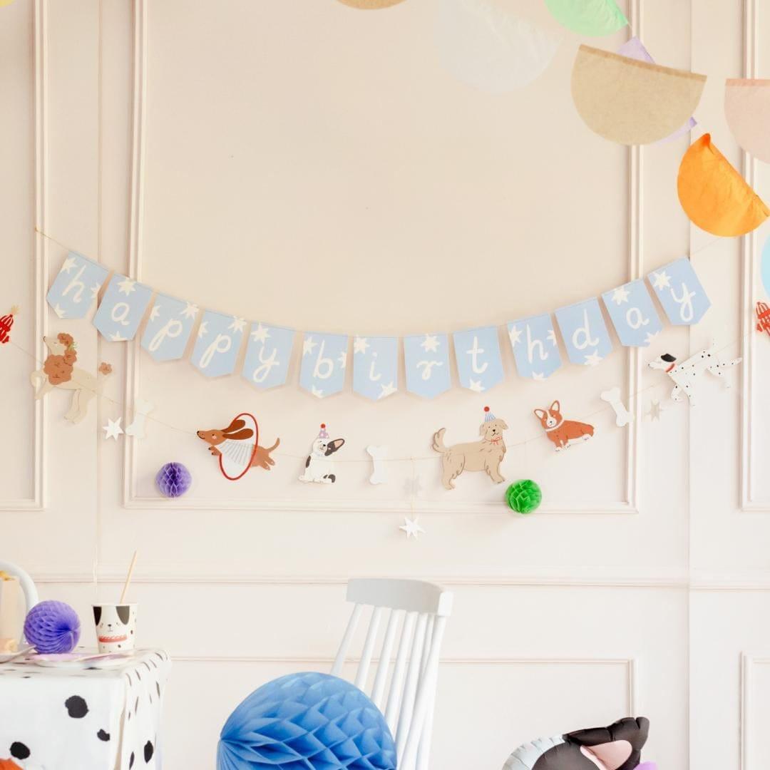 Happy Birthday Dog Banner - 210cm Puppy Party Bunting - Blue Star Birthday Garland With Poodles, Corgis & Dachshunds - Canine Theme Decor - Jolie Fete UK