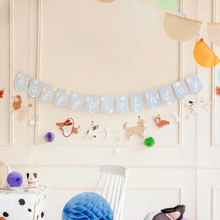 Happy Birthday Dog Banner - 210cm Puppy Party Bunting - Blue Star Birthday Garland With Poodles, Corgis & Dachshunds - Canine Theme Decor - Jolie Fete UK