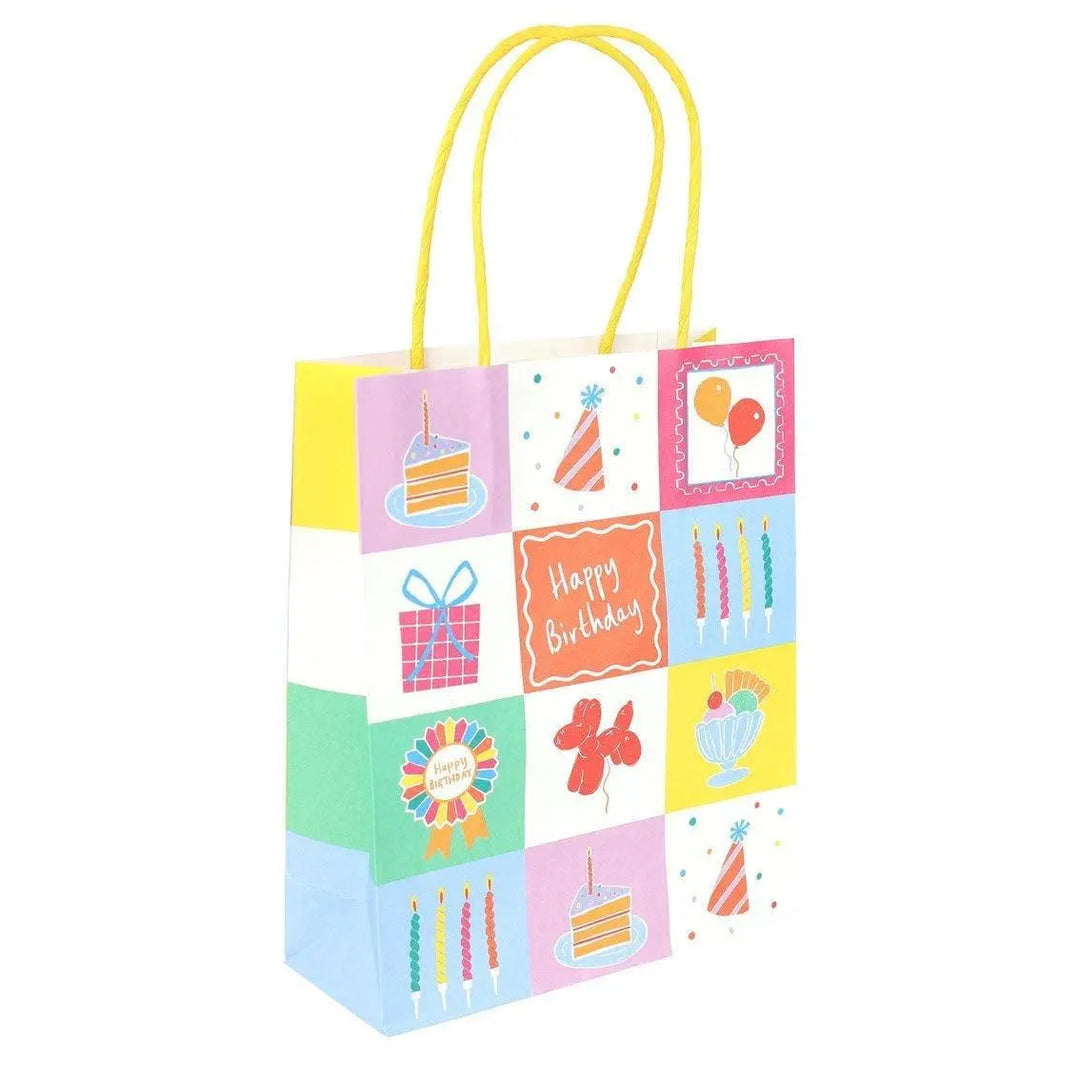 Happy Birthday Icons Gift Bags - Colourful Illustrated Party Treat Bags - Small Paper Bags - Modern Kids Birthday Wrap - Pack Of 8 - Jolie Fete UK
