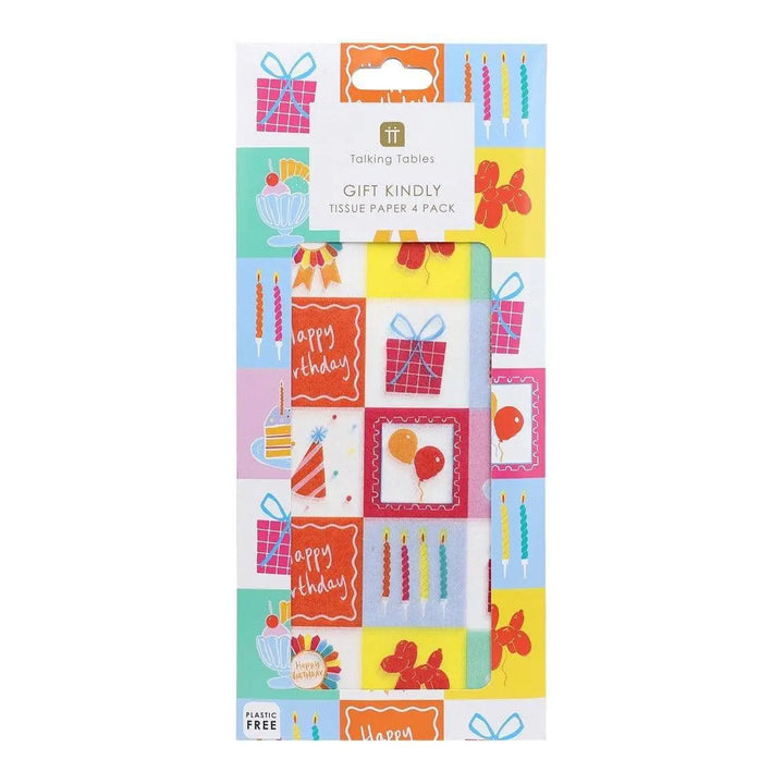 Happy Birthday Icons Tissue Paper - Colourful Illustrated Gift Wrap - Fun Birthday Pattern - Modern Fête Collection Wrapping - 4 x Sheets - Jolie Fete UK