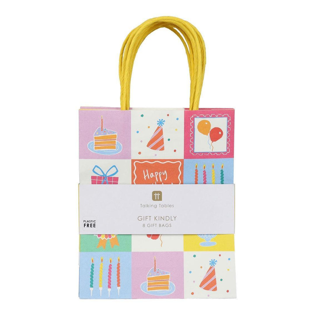 Happy Birthday Icons Gift Bags - Colourful Illustrated Party Treat Bags - Small Paper Bags - Modern Kids Birthday Wrap - Pack Of 8 - Jolie Fete UK