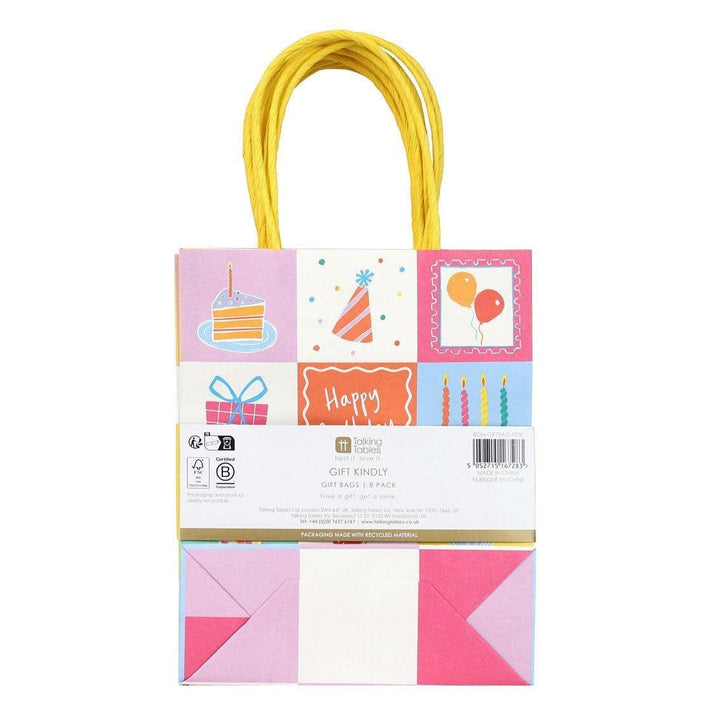 Happy Birthday Icons Gift Bags - Colourful Illustrated Party Treat Bags - Small Paper Bags - Modern Kids Birthday Wrap - Pack Of 8 - Jolie Fete UK