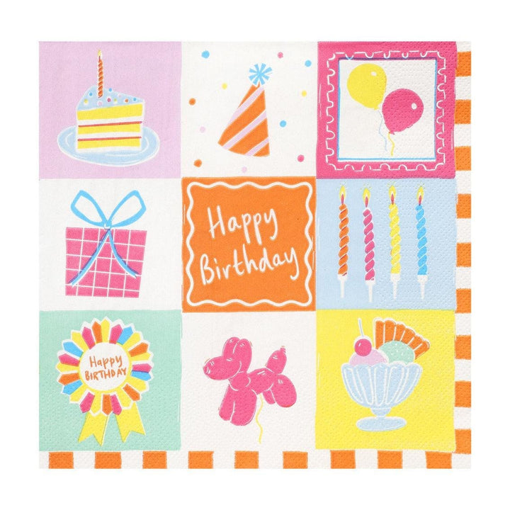 Happy Birthday Icons Paper Napkins - Colourful Illustrated Party Tableware - Modern Birthday Decor - Fun Celebration Napkins - Pack Of 20 - Jolie Fete UK