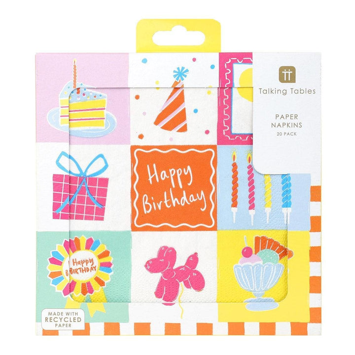 Happy Birthday Icons Paper Napkins - Colourful Illustrated Party Tableware - Modern Birthday Decor - Fun Celebration Napkins - Pack Of 20 - Jolie Fete UK