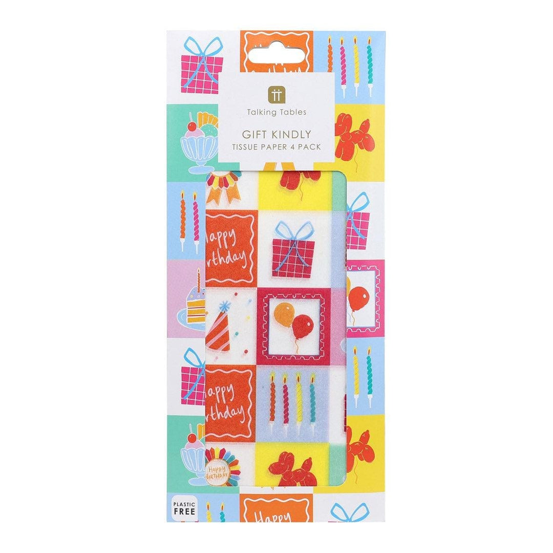 Happy Birthday Icons Tissue Paper - Colourful Illustrated Gift Wrap - Fun Birthday Pattern - Modern Fête Collection Wrapping - 4 x Sheets - Jolie Fete UK