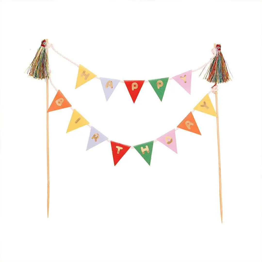Bunting Cake Topper - Happy Birthday Cake Banner - Rainbow Party Cake Sign - Miniature Garland Topper - Colourful Kids Birthday Decoration - Jolie Fete UK