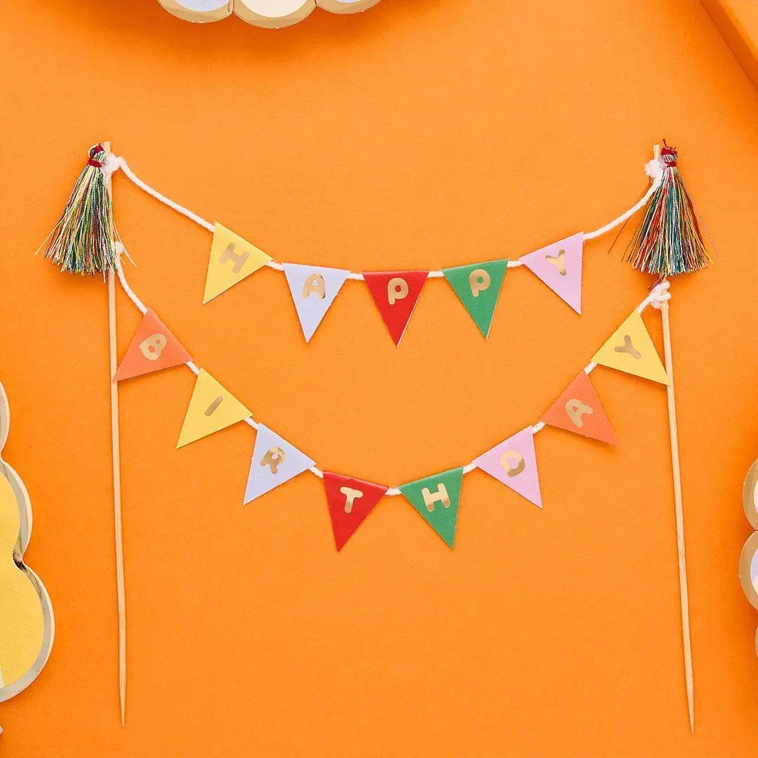 Bunting Cake Topper - Happy Birthday Cake Banner - Rainbow Party Cake Sign - Miniature Garland Topper - Colourful Kids Birthday Decoration - Jolie Fete UK