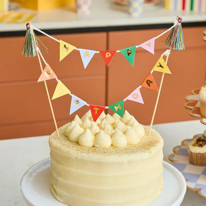 Bunting Cake Topper - Happy Birthday Cake Banner - Rainbow Party Cake Sign - Miniature Garland Topper - Colourful Kids Birthday Decoration - Jolie Fete UK