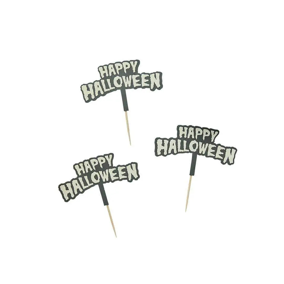Halloween Cake Toppers - Happy Halloween Glow In The Dark Food Picks - Halloween Party Decorations - Retro Halloween - Pack Of 12 - Jolie Fete UK