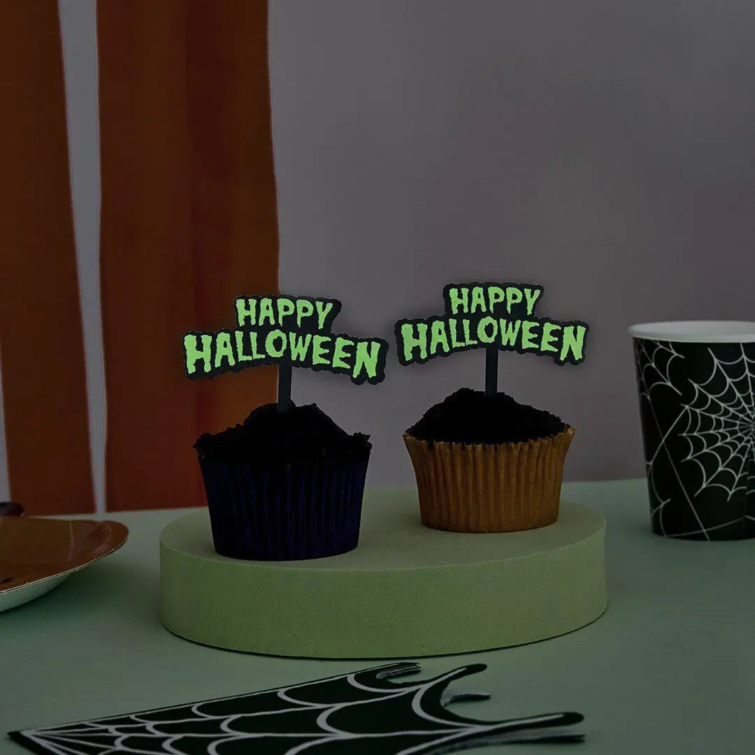 Halloween Cake Toppers - Happy Halloween Glow In The Dark Food Picks - Halloween Party Decorations - Retro Halloween - Pack Of 12 - Jolie Fete UK