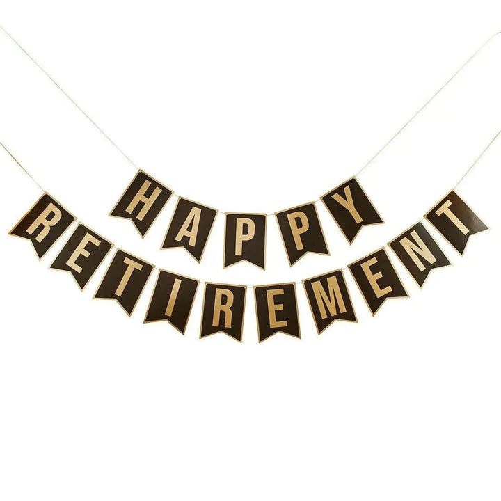 Happy Retirement Banner - Black & Gold Retirement Party Decorations - Happy Retirement Flag Bunting - 2m x 2 - Jolie Fete UK