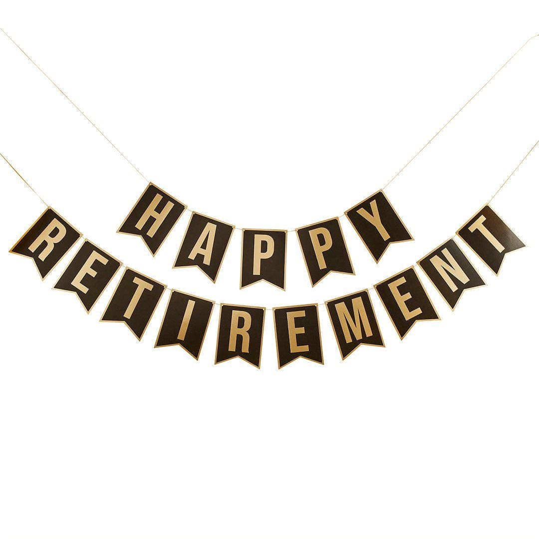 Happy Retirement Banner - Black & Gold Retirement Party Decorations - Happy Retirement Flag Bunting - 2m x 2 - Jolie Fete UK