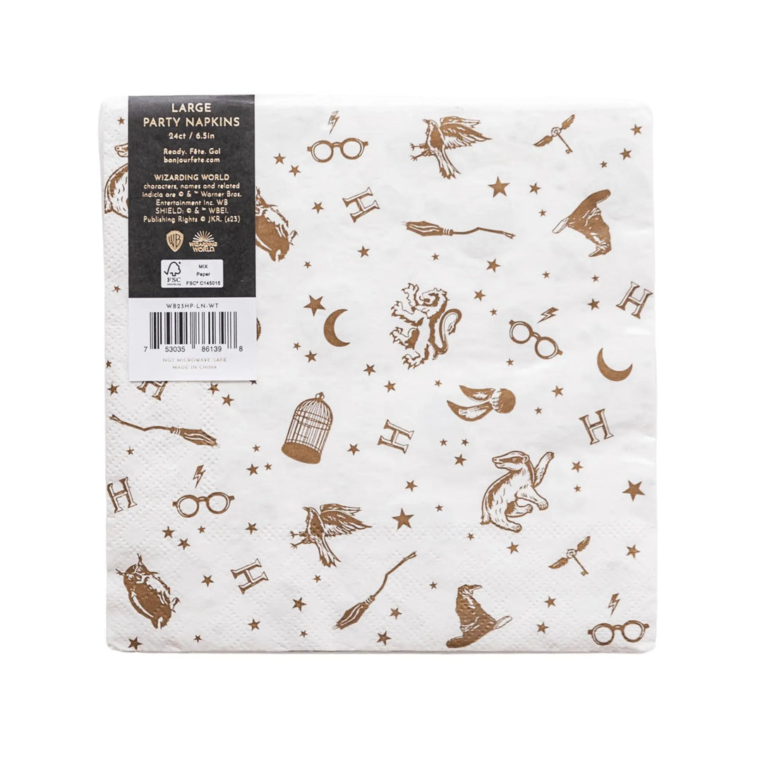 Harry Potter Party Napkins - Officially Licensed Wizard Birthday Party Supplies - White & Gold Foil Hogwarts Napkins - Pack of 24 - Jolie Fete UK