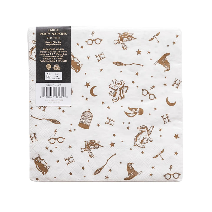 Harry Potter Party Napkins - Officially Licensed Wizard Birthday Party Supplies - White & Gold Foil Hogwarts Napkins - Pack of 24 - Jolie Fete UK