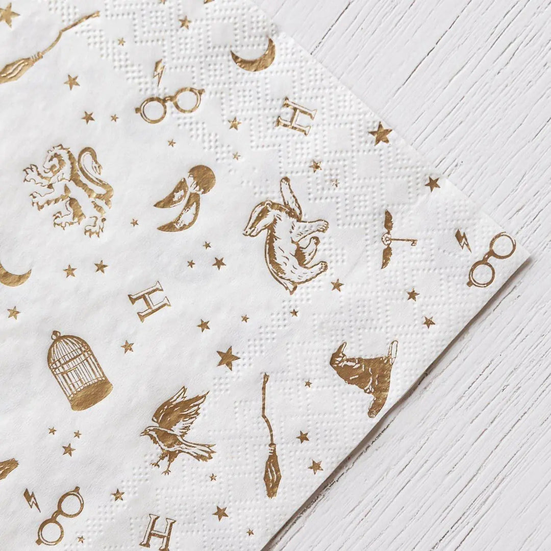 Harry Potter Party Napkins - Officially Licensed Wizard Birthday Party Supplies - White & Gold Foil Hogwarts Napkins - Pack of 24 - Jolie Fete UK